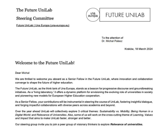 Dr Michał Pałasz został Senior Fellow Future UniLab UNA Europa